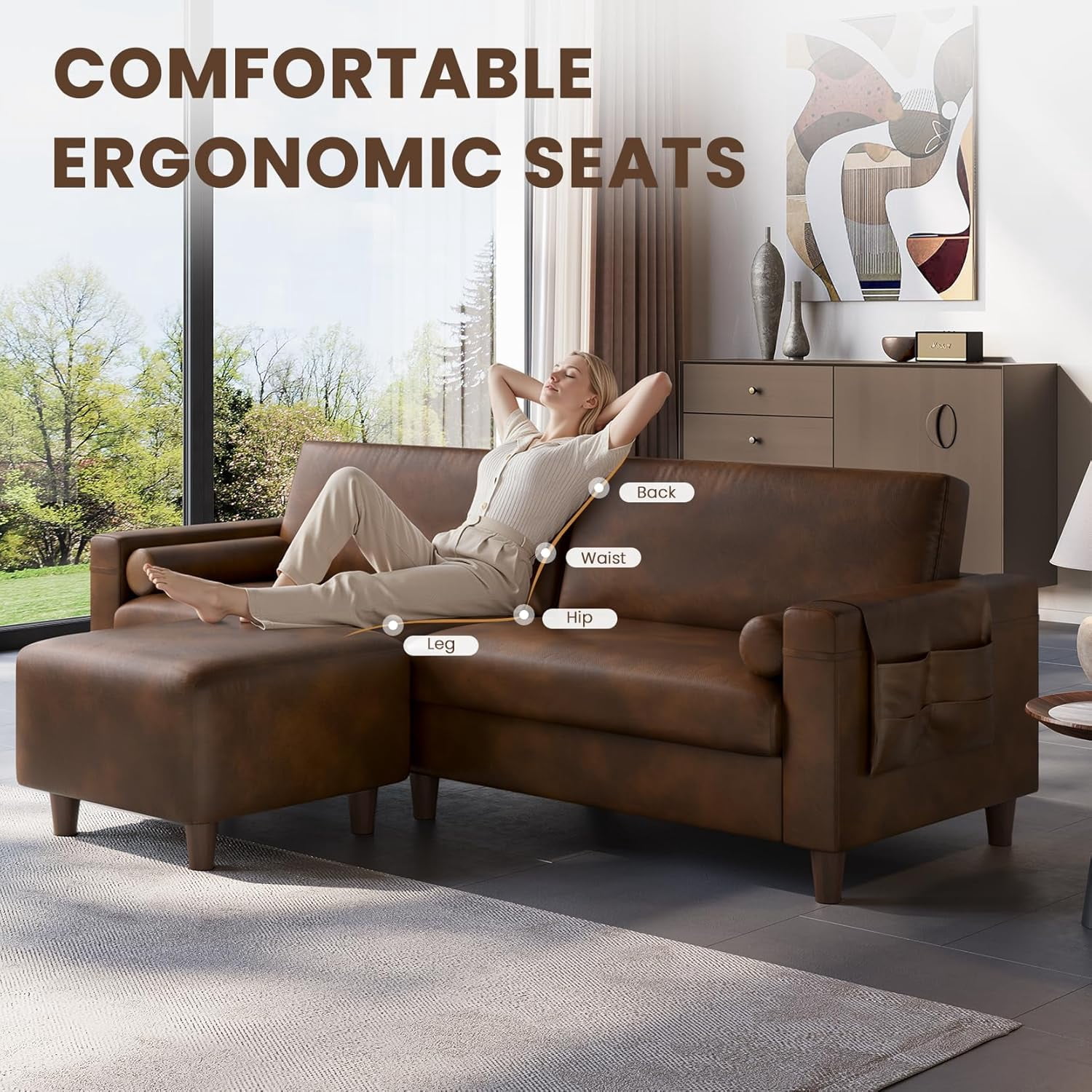 Neche 100" PU Faux Leather Couch with Movable Ottoman, Large 2 Seater L Shaped Leather Sectional Sofa with Side Pocket, Comfy Mid Century Modern Modular Sofa for Living Room, Apartment, Cocoa