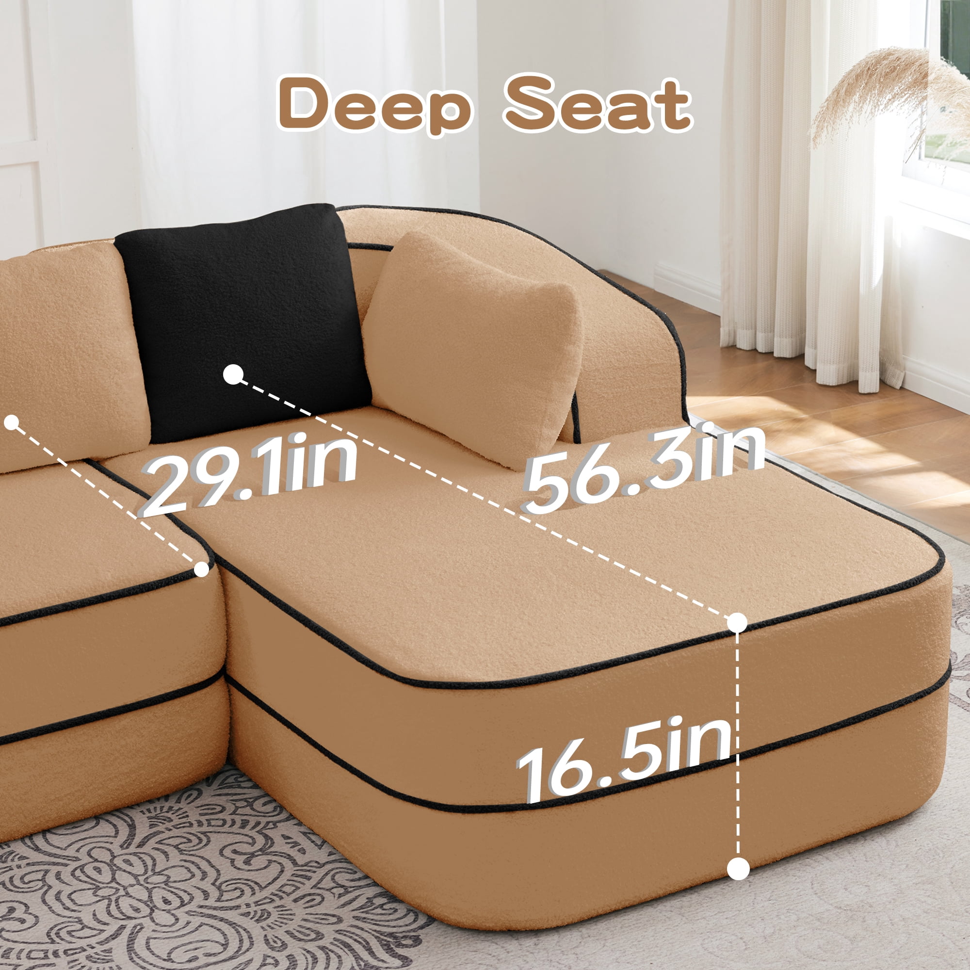 77.2" Teddy Fabric No Assembly 32D High Density sponge Boneless Sofa,Fluffy Comfy Couch with double Chaises,Sleeper sofa,Contrast color design,Symmetrical aesthetics,for Living Room,Camel