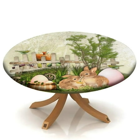 

Easter Bunny Round Fitted Tablecloth with Elastic Edge Table Cover Waterproof Table Cloths for Round Tables Ideal for Picnic 40 -44