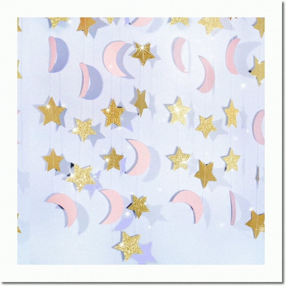 Twinkle Starlight 2PCS Glitter Gold Moon and Stars Garland - Pink Crescent Paper Garlands for Girl Birthday Party, Baby Shower, Nursery Decor