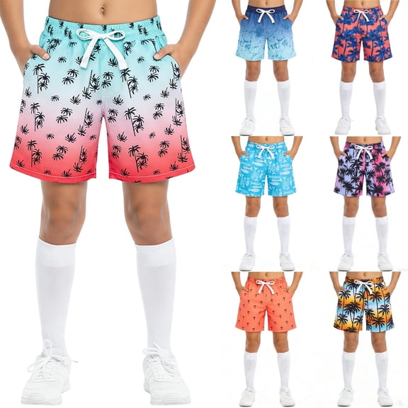 HAOTAGS Boys Swim Trunks Bathing Suit(6-15), Quick Dry Swimsuit Swim Shorts Swimwear Kids Beach Board Shorts Blue 8-9Years