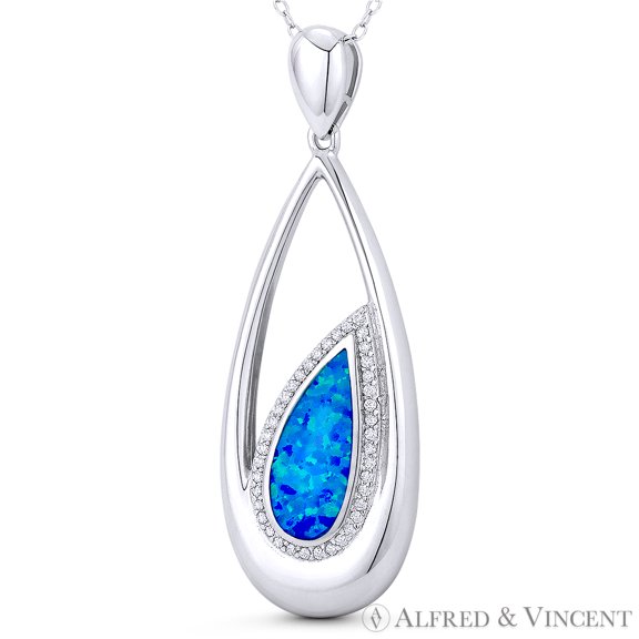 Long Tear-Drop Charm Created Opal & CZ Crystal 52x18mm (2x0.7in) Pendant & Chain Necklace in .925 Sterling Silver w/ Rhodium