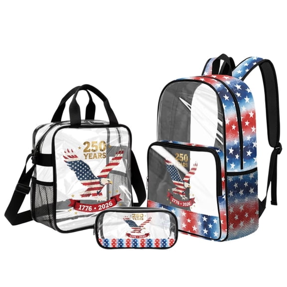 LedBack Eagle American Flag Clear School Backpack Set Kids Backpacks Transparent Bag Lunch Box Pencil Case All In One Set See Through Bookbag Set for 250th Anniversary, Blue and Red