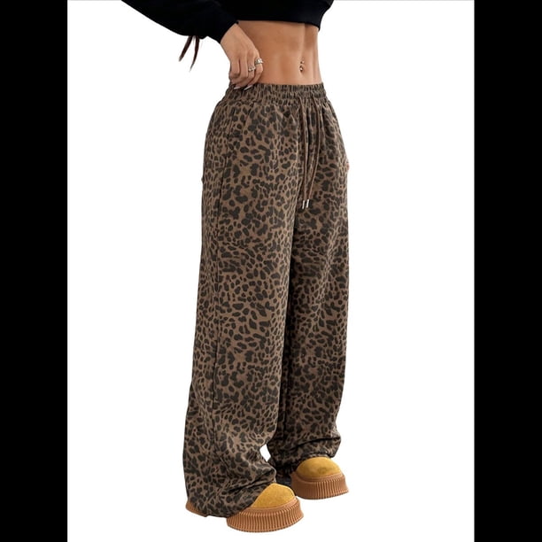 Pantalones Rectos con Estampado de Leopardo A Cuadros para Mujer, Cintura Elástica, Estilo Y2K, con Bolsillos. Leopardo Profundo M