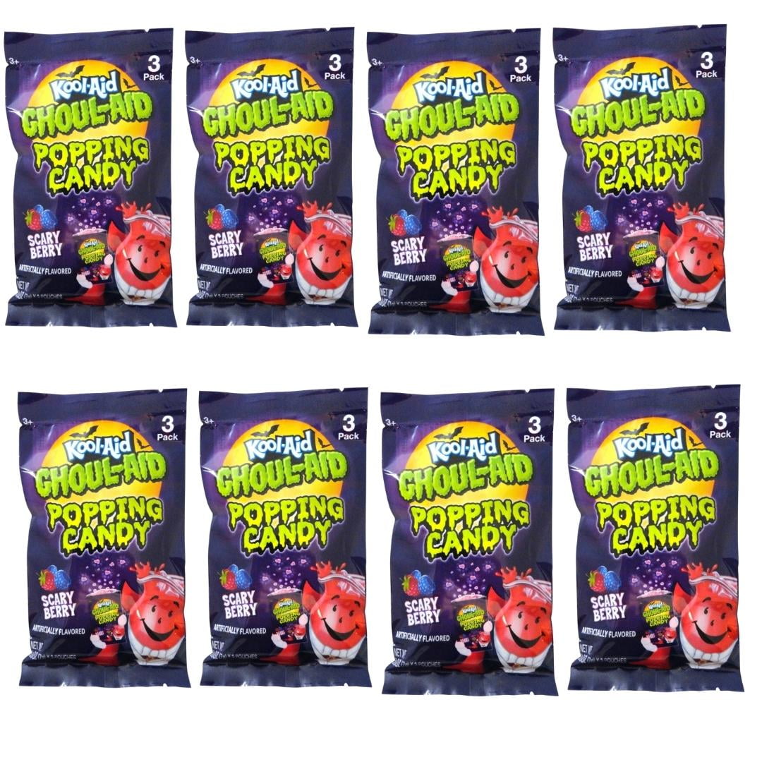 Kool-Aid Ghoul Aid Popping Candy Scary Berry Flavor, 0.24 oz 3ct/Bag Halloween Birthday Party Candy Treats & Christmas Stocking Stuffer Loot Bags Goodies - Pack of 8