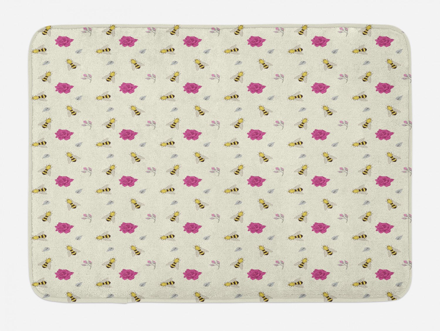 Bee Bath Mat, Hand-Drawn Honey Bees Rose Buds Petals and Leaves Pattern ...