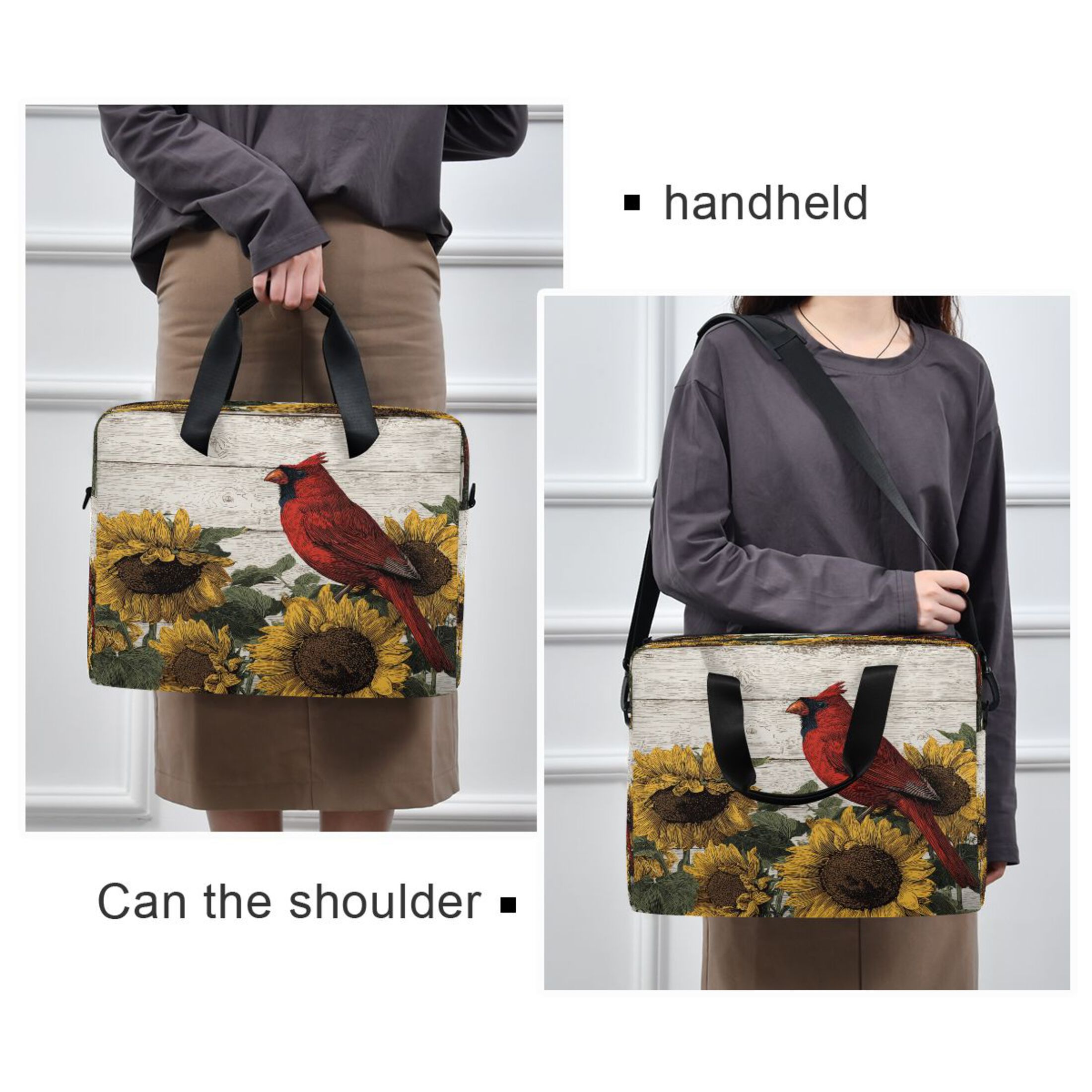 16" Laptop Tote Bag Laptop Sleeve Case Computer Briefcase for Work & Travel Red Bird Sitting on Sunflower