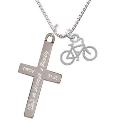 - Silvertone Small Bicycle - Strength and Dignity - Cross Necklace
