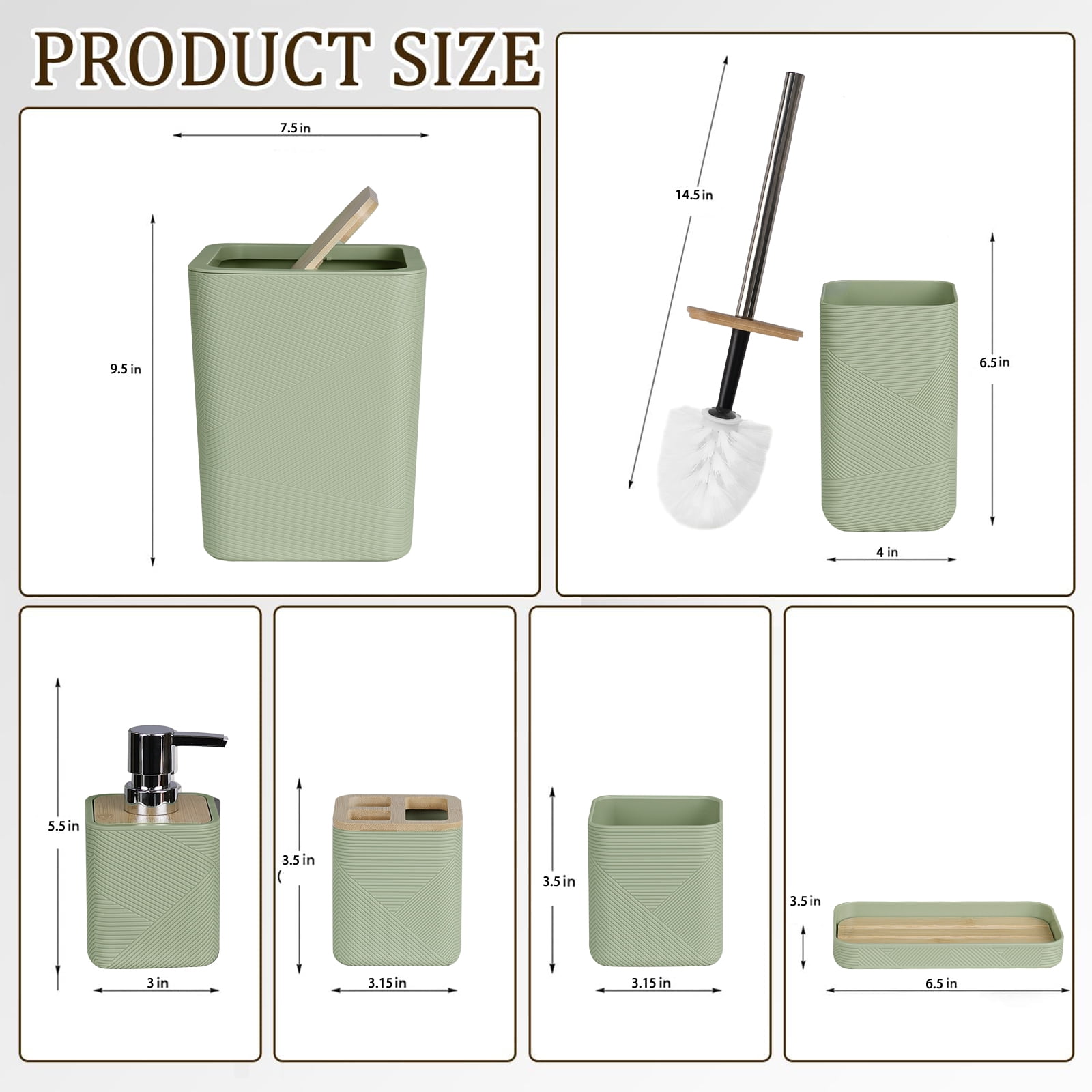CERBIOR Bathroom Accessories Set 6 Piece Bamboo Bath Ensemble Includes Soap Dispenser, Toothbrush Holder, Toothbrush Cup, Soap Dish for Decorative Countertop and Housewarming Gift, Green