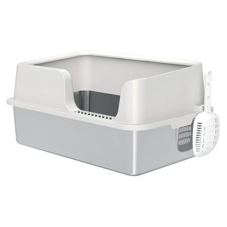 Stainless Steel Cat Litter Box with High Sides & Scoop - Large, Odor-Resistant, Easy Clean - for Big Cats Up to 33lbs - Light Gray