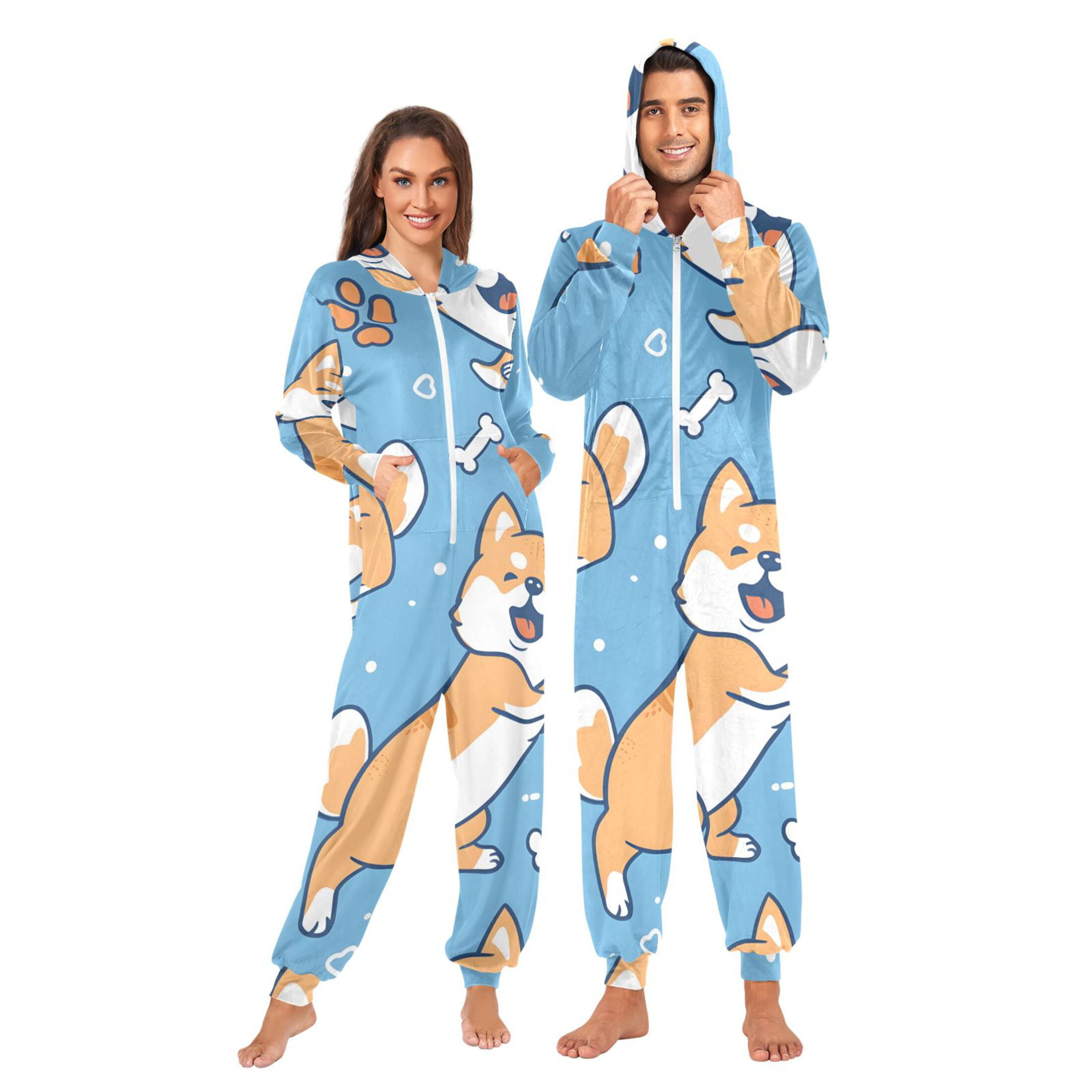 Cartoon Dogs Paws Bones Hearts Adult's Hoodie Onesie Jumpsuit One-Piece Pajamas with Zipper Unisex for Holiday M
