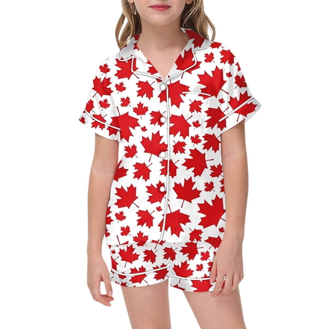 Pyjama Enfant Fille Canada Day Maple Leaf Prints Satin Pajama Set Short Sleeve Button Up Top + Shorts with Pockets Pajamas for Kids Red 10 Years-11 Years