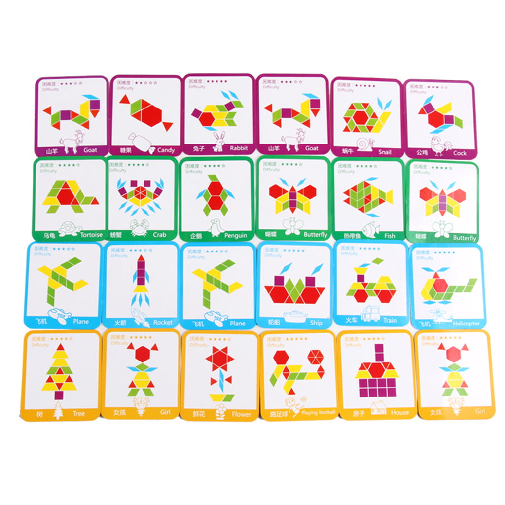 Geometric Manipulative Shape Puzzle Tangram Classic Educational Montessori Toys for Kids Jigsaw Puzzles Gift with 33 Pcs Design Cards Glintoper Set of 170 Wooden Pattern Blocks Set 