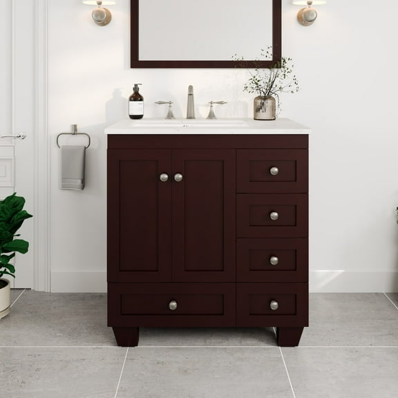 eviva  Acclaim C. 30" Transitional Teak Bathroom Vanity with white carrera marble counter-top
