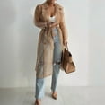 thumbnail image 2 of MORTTIC Women's Lightweight Semi-See Through Long Sleeve Cardigan - Loose Fit Open Front Cover Up with Buttons & Belt Khaki，S, 2 of 4
