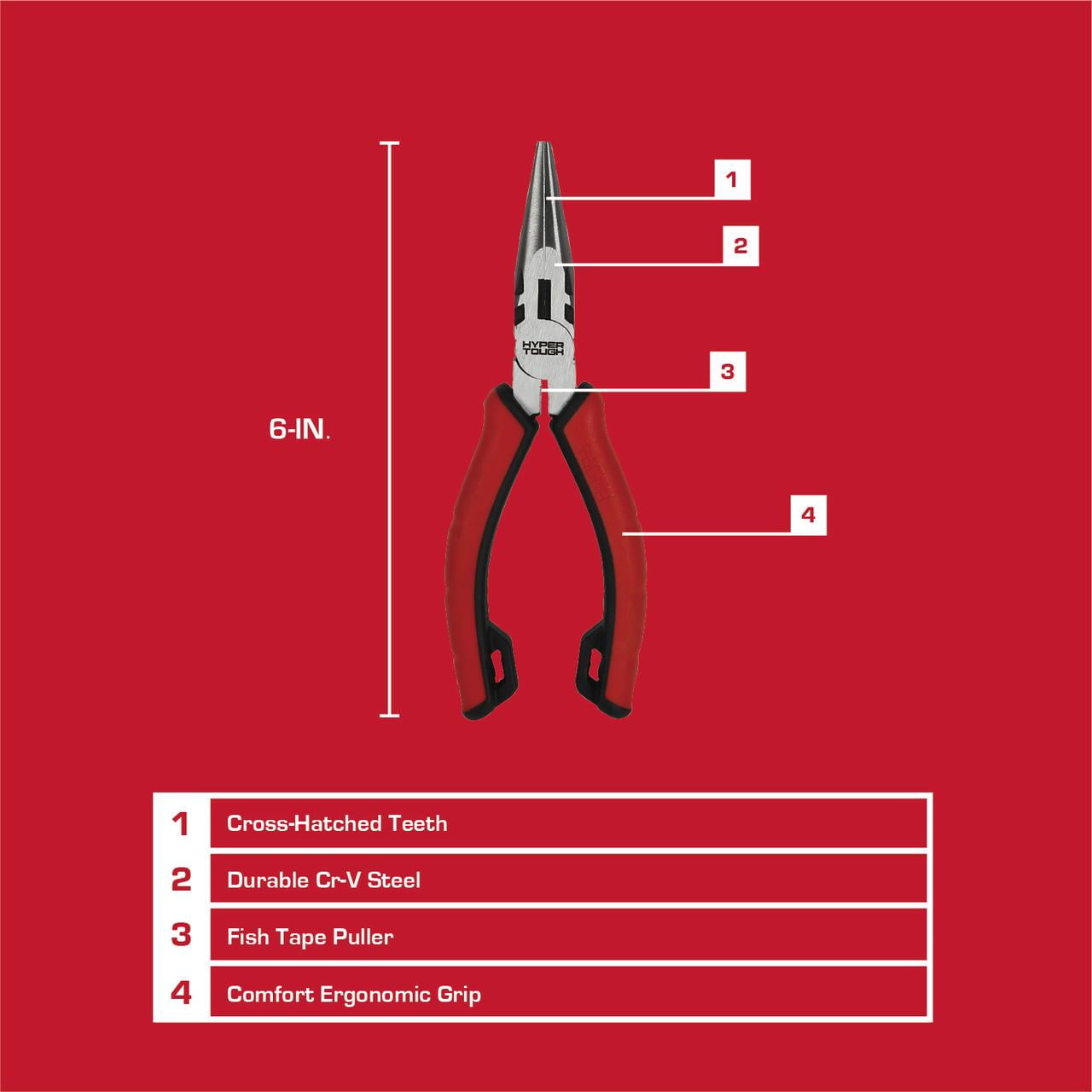 Hyper Tough 6-inch Long-Nose Pliers with Dual Material Comfort Grips
