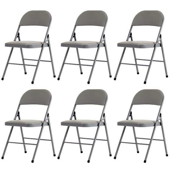 FUNA Set of 6 Gray Foldable Chairs Iron Frame Sponge Padded PVC Chairs for Exhibition Party Home Use