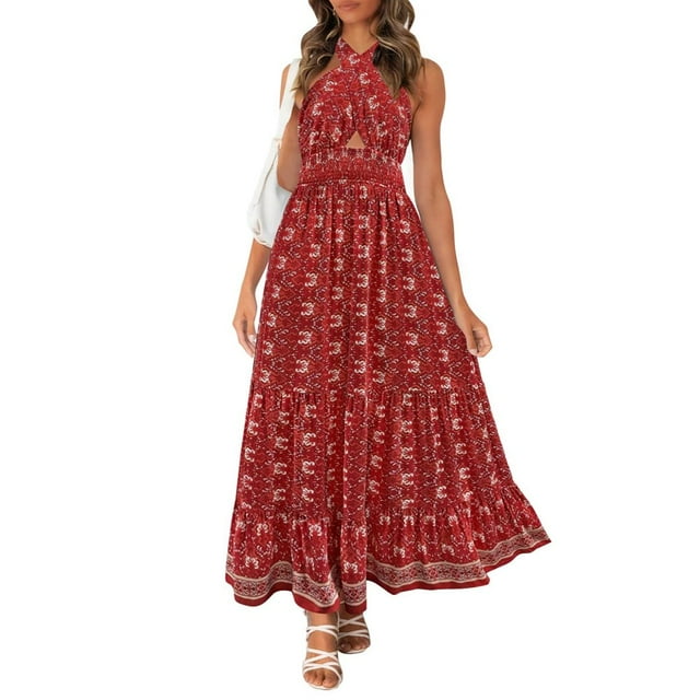 Robe Maxi d'Été Sans Manches à Encolure Croisée à Carreaux Découpée Dos Nu Fluide Rose TG