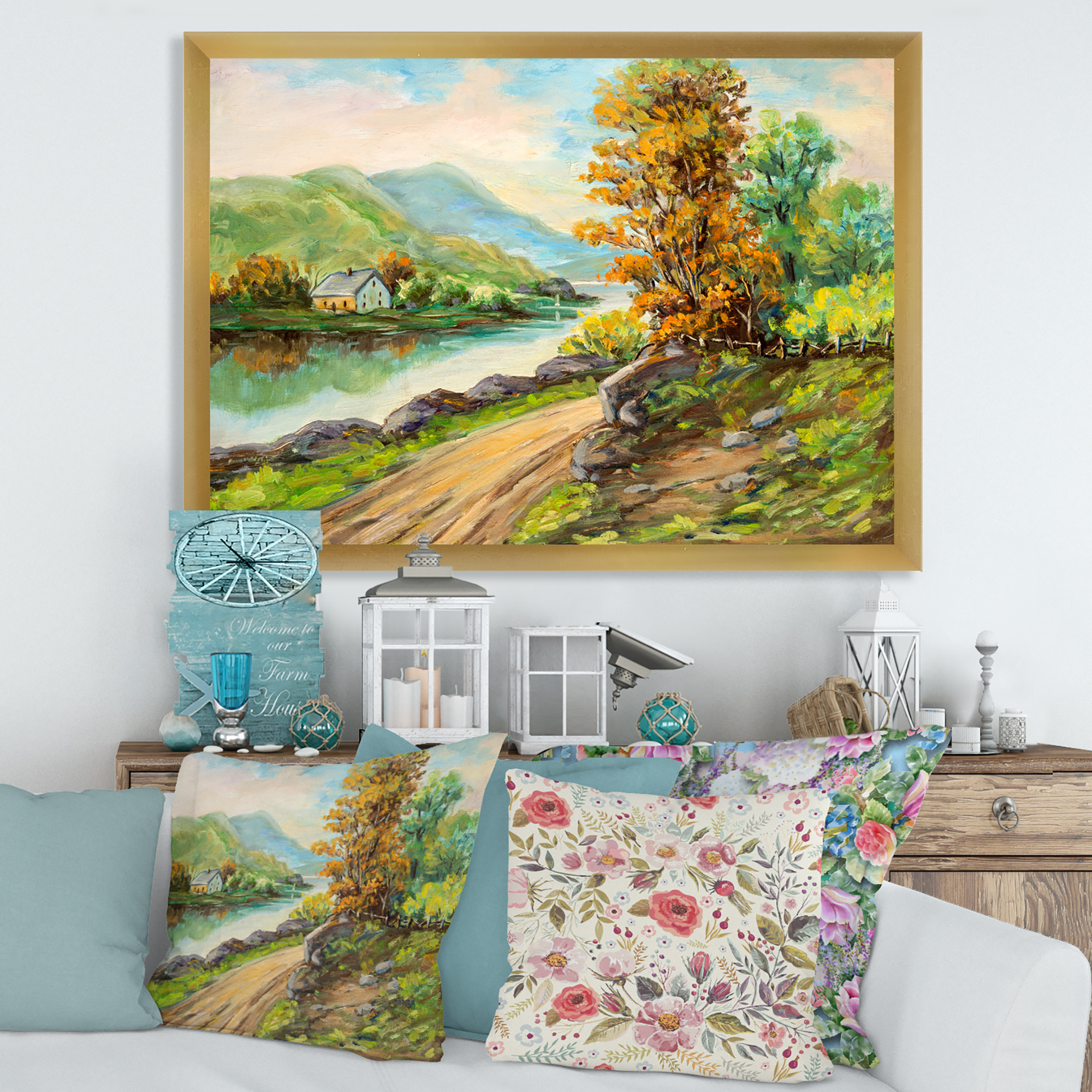 Designart 'The River By The Rural Road' Traditional Framed Art Print