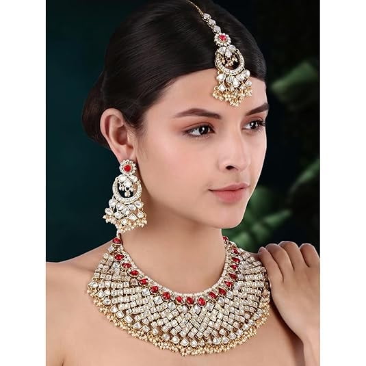 South Indian Bollywood Polki Kundan Guttapusalu Choker Necklace Set with White & Red Stones, Earrings & Maangtikka for Women
