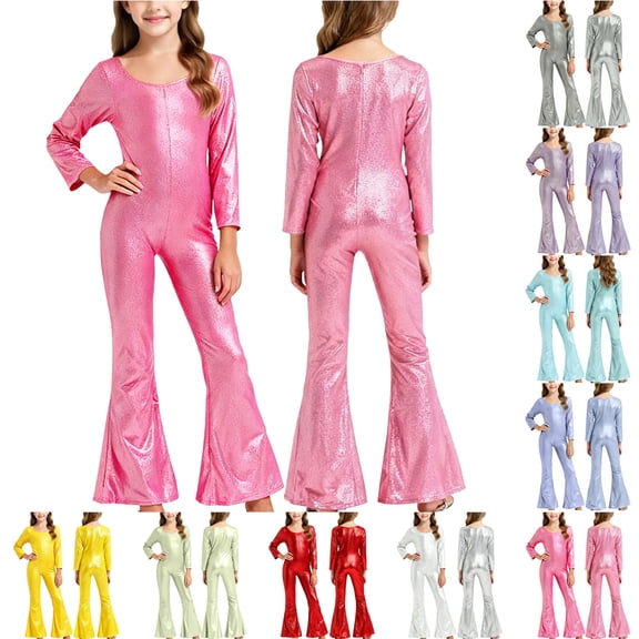 MKOSPLRT Kids Sparkly Jumpsuit Girls Glittle Metallic Romper Long Sleeve Flare Leg Jumpsuit Hippie Disco Outfit 2-17 Years