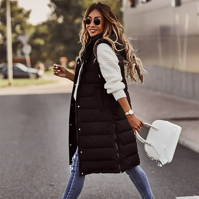 Hfyihgf Oversized Long Down Vest for Women Outdoor Coats with Hood Long  Puffer Vest Winter Coats Sleeveless Warm Jacket Black XL