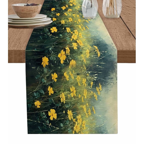 ERUNPONLY Yellow Spring Floral Table Runner - 48 Inch Long Modern Oil Painting Summer Botanical Cotton Linen Blended Dress Scarves Farmhouse Table Runner for Kitchen Dining, Coffee Table, 13"x48"