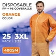 thumbnail image 2 of Orange Disposable Coveralls for Men & Women, 3X-Large. Pack of 25 Hazmat Suits Disposable. Breathable PP+PE 40 GSM Work Coveralls. Paint Suit with Open Wrists, Ankles, Front Zipper, 2 of 7