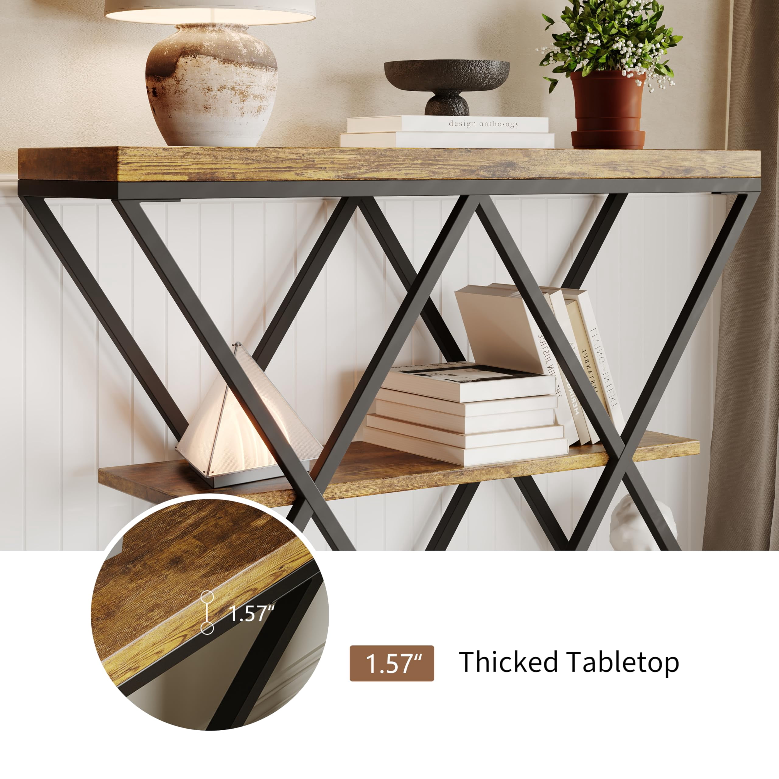3-Tier Industrial Entryway Console Table - X-Shaped Metal Frame & Open Storage Shelves, Ideal Hallway Accent Table