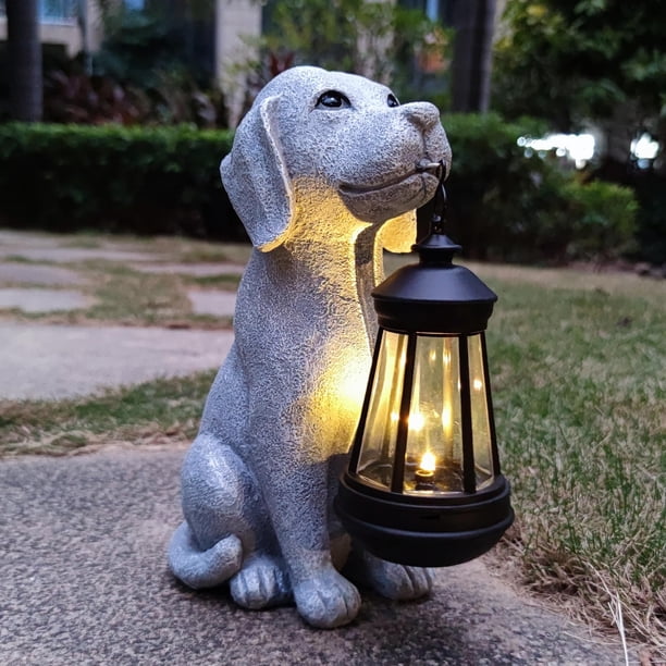 Estatua de jardín de perro solar Qobumy con farol LED para exteriores