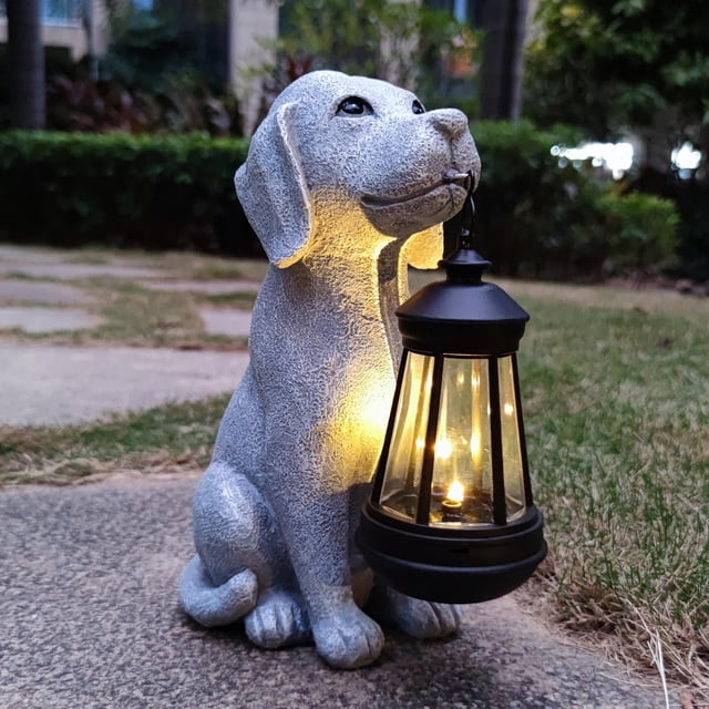 Estatua de jardín de perro solar Qobumy con farol LED para exteriores