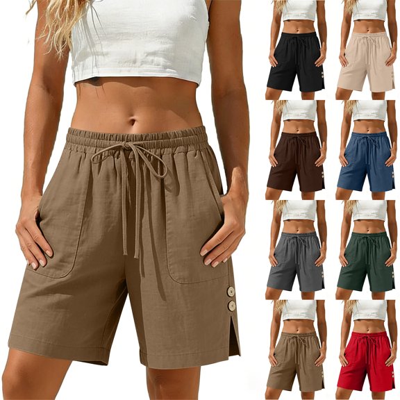 Nkmbld Casual Linen Shorts for Women Drawstring Elastic Waist Split Side Summer Comfy Short with Pockets