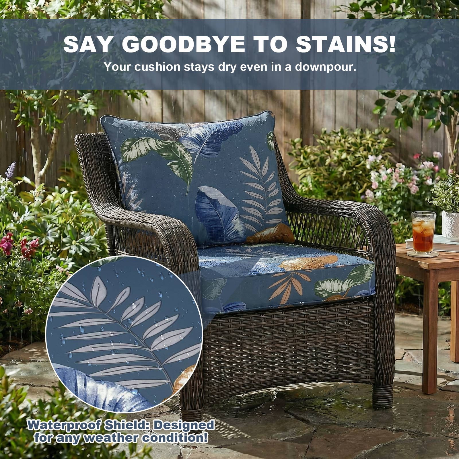 Outdoor Seat Cushion Set 24 x 24 Inch Waterproof & Fade Resistant Patio Furniture Cushions with Removable Cover, Outdoor Sofa Replacement Seat & Back Cushions for Chair Sofa Couch, Blue Leaves