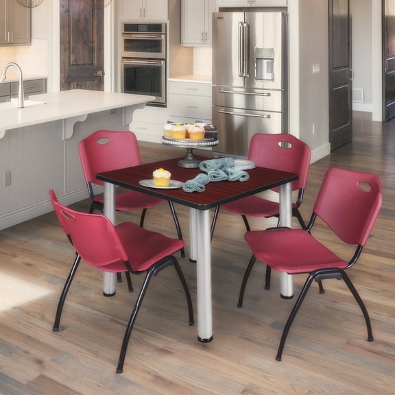 Maykoosh Suburban Sophistication Square Lounge Table Mahogany/ Chrome With 4 'M' Nesting Chairs, Burgundy - Ergonomic Breakroom Furniture Set For Staff Break Room, Tables & Chair, Breakroom Set