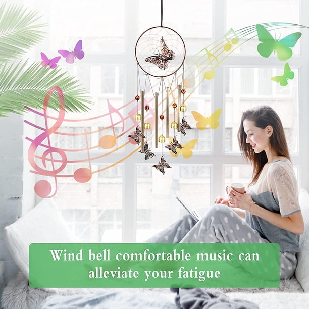 Carillón de viento, carillón de viento para jardín con atrapasueños, mariposa y tubo de aluminio, carillón de viento para exteriores para ventanas o jardines y carillón de viento para exteriores