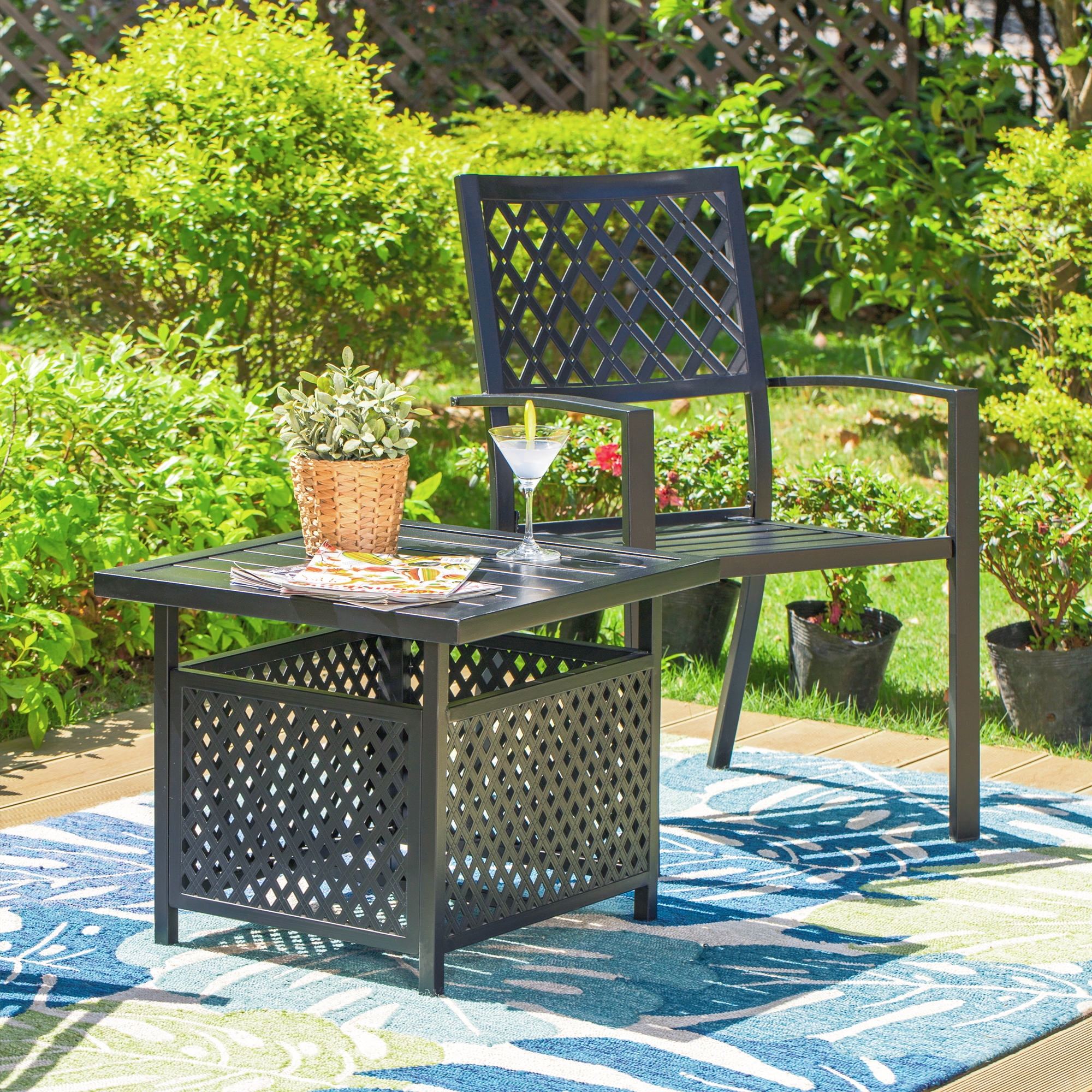SUMMT LIVING 4-Piece Outdoor Conversation Set with 9 ft Umbrella, Side Table & Two Stack-able Chairs, Black & Beige