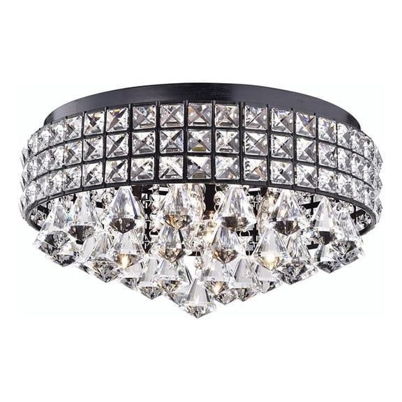 Crystal Drum Flush Mount Chandelier, 4 Lights Luxury Glam Light Fixture with Antique Black Finish, Square Beaded Crystal Drum Shade, Flush Ceiling Light for Entryway, Bedroom, Closet