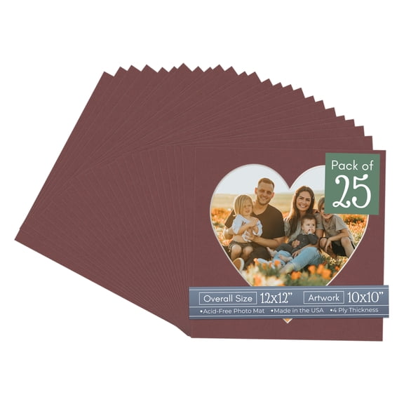 Maroon Red Picture Frame Mat for 12x12 Frames - Heart Opening for 10x10 Photos - 25 Mats