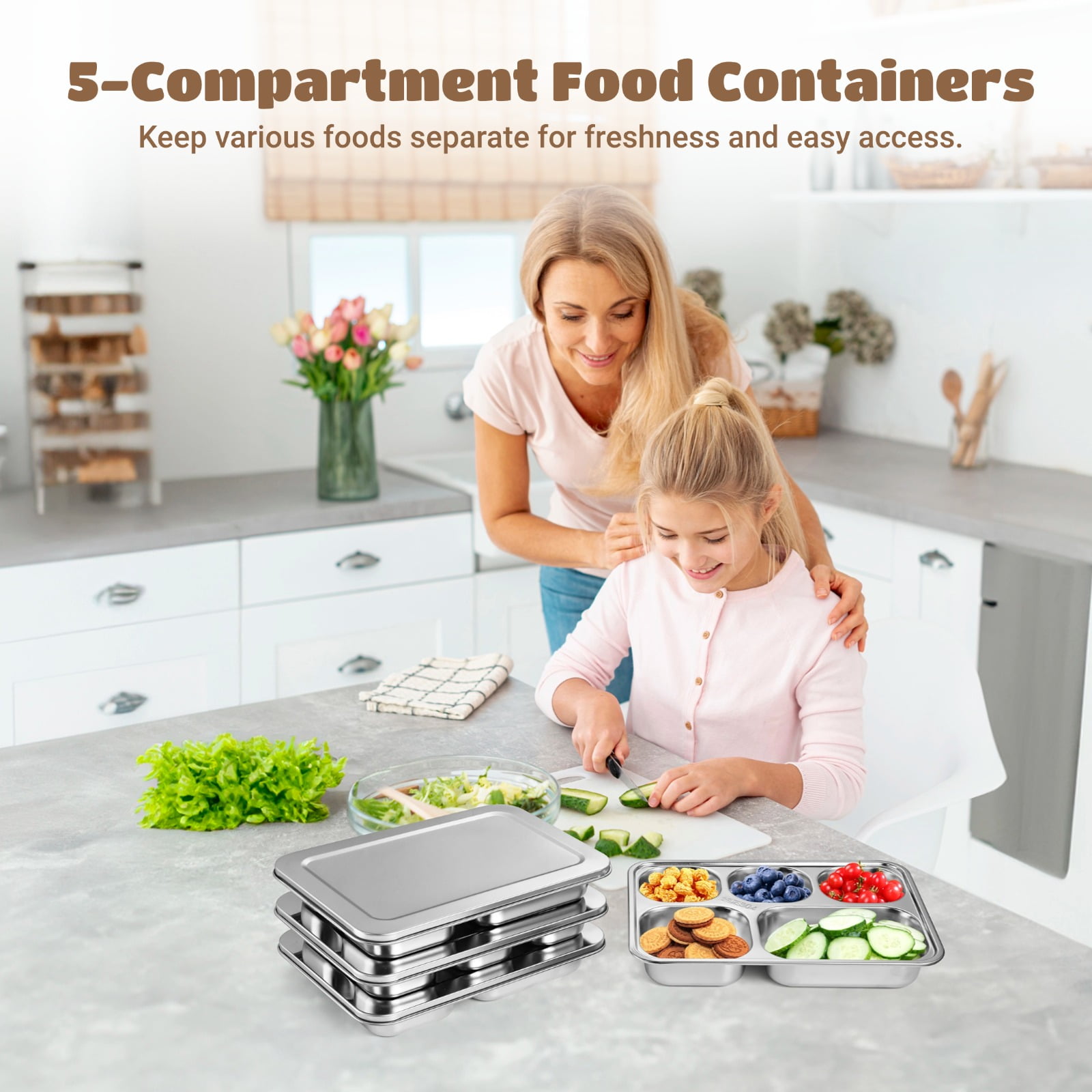 4 Pcs Stainless Steel Snack Containers, 5-Compartment Bento Boxes with Lids, Metal Lunch Trays for Adults & Little Ones, Reusable Meal Prep Lunch Containers for Work, Camp, Travel