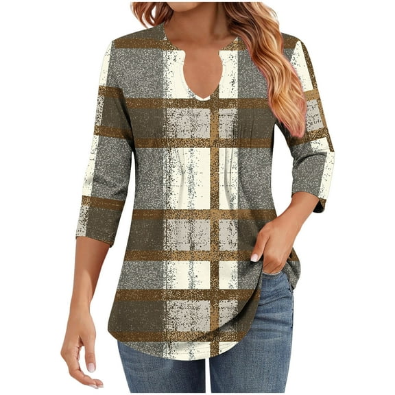 WRKEKC 3/4 Sleeve Tops for Women V Neck Print with Ribbed and Ruffle Detail Casual Loose Fit T Shirt for Stylish Wear and Comfort