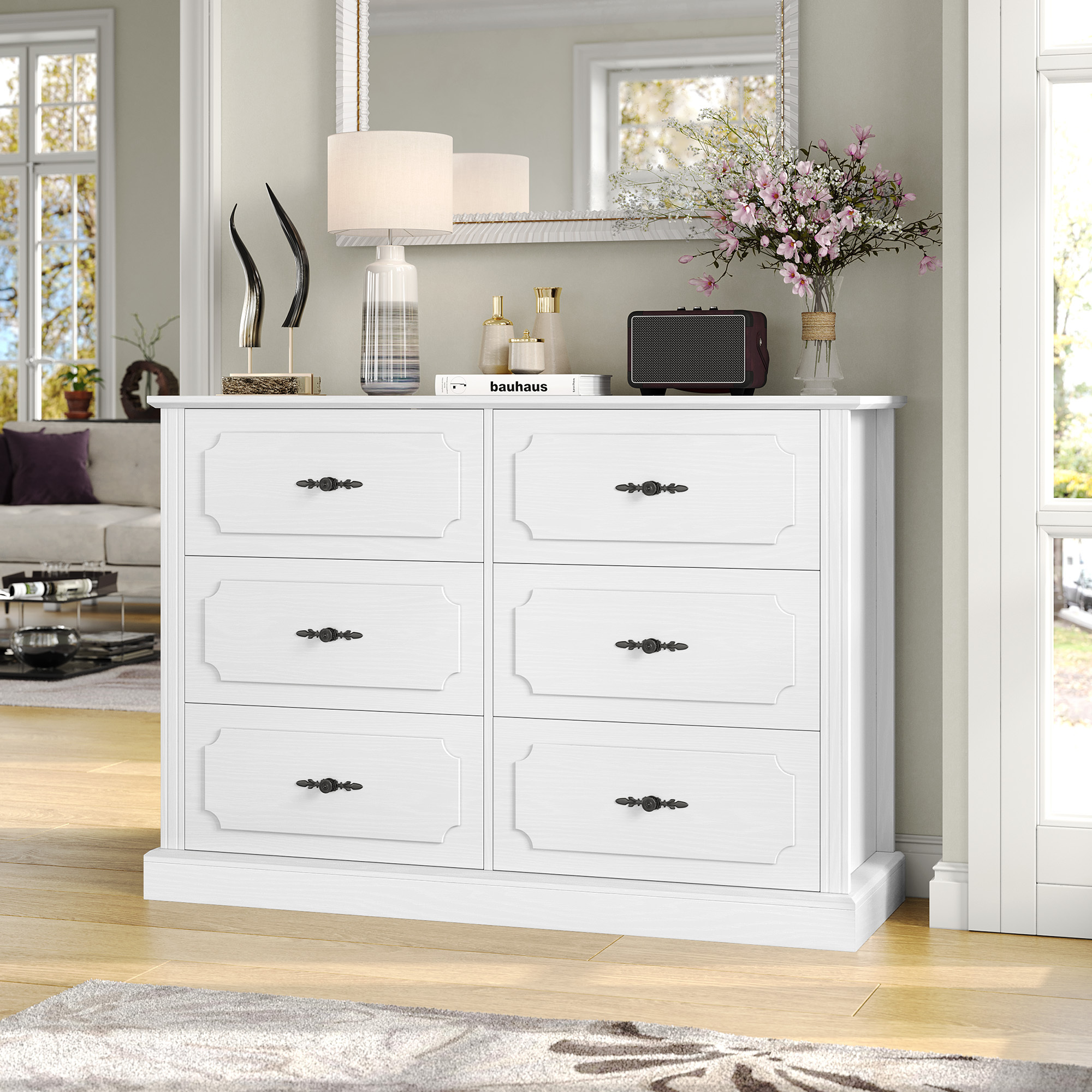 Homfa 6 Drawer White Double Dresser for Bedroom, Classic Wood Storage Cabinet for Living Room with Wide Top - image 5 of 7