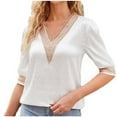 thumbnail image 2 of Summer Plus Size Tops for Womens 2025 Fashion V-Neck Solid Lace Satin Mid Sleeved Top, 2 of 7