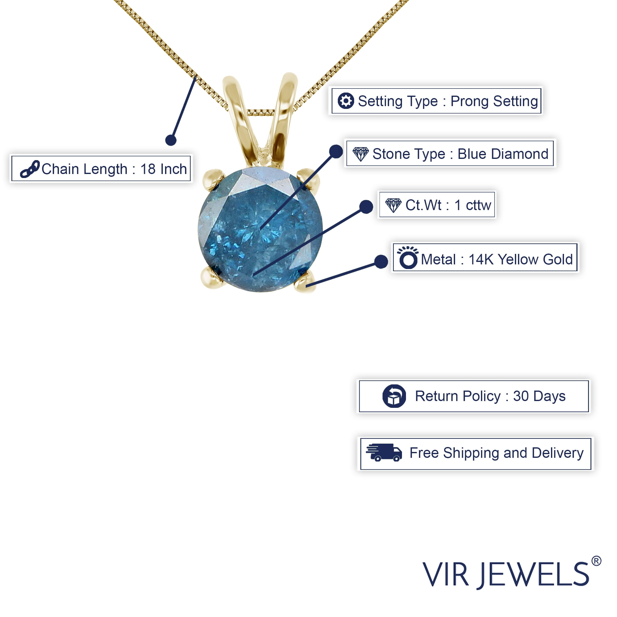 Vir Jewels 1 CTTW Blue Diamond Solitaire Pendant Necklace for Women in 14K Yellow Gold Round
