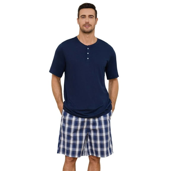 Vulcanodon Mens Pajama Set Short Sleeve, Pajamas Made from Bamboo Pulp Viscose and Cotton Lightweight PJS for Men(Navy Navy Plaid, L)