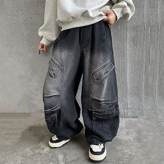 WELOIJEVBE Boy Jeans Elastic Waisted Wide Leg Denim Jeans With Pockets Baggy Jeans For Boys Boys Straight Leg Jeans Boys Pull On Jeans 4-5 Years