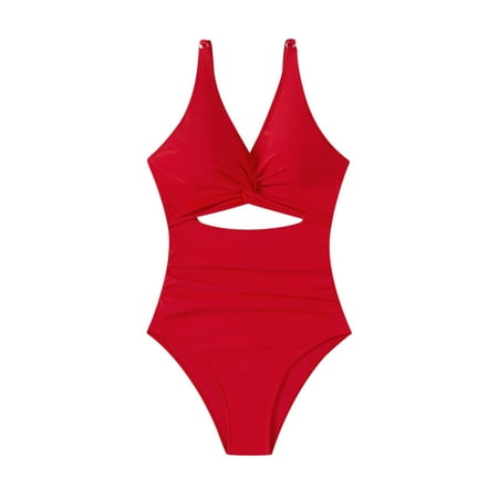QYZEU Womens Swimsuits Tankini High Waist Pleated Bikini Bottom Solid Color Cut Out Strap V Neck Swimsuit Set Breathable Comfortable Lightweight Swimwear Red M