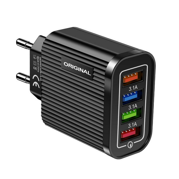 Tmvgtek Cargador De Pared Usb De 4 Puertos, Teléfono Portátil, Tableta, Adaptador De Corriente 3.1A (Negro Ue)