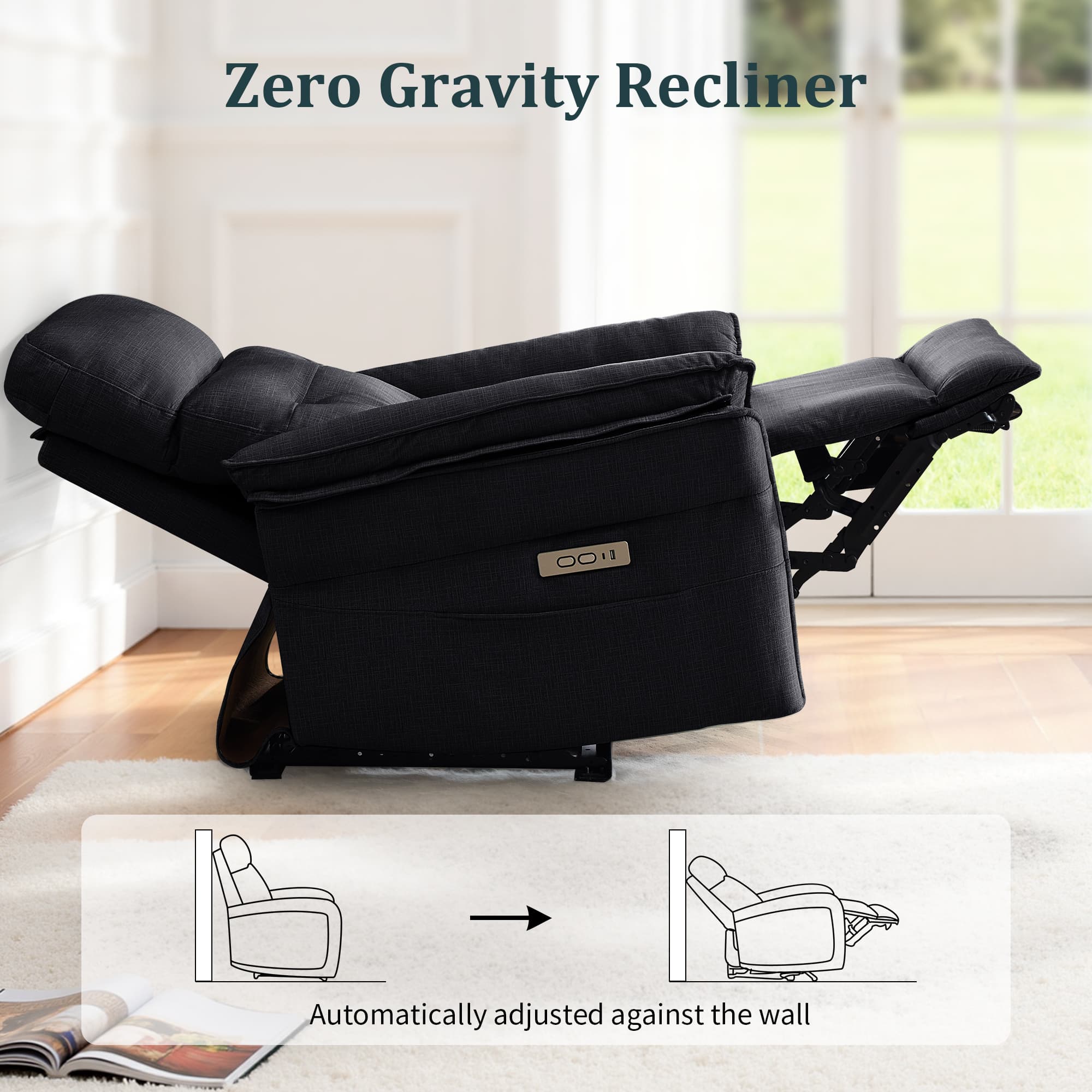 Korser Small Power Zero Gravity Recliner Chairs for Adults with USB&Type-C Ports for Living Room,Black
