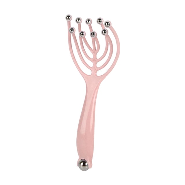 Masajeador de material cuero cabelludo con 9 cabezas de material acero, garra de con rodillo para el dolor portátil de mano, relajante para el estrés, Rosado