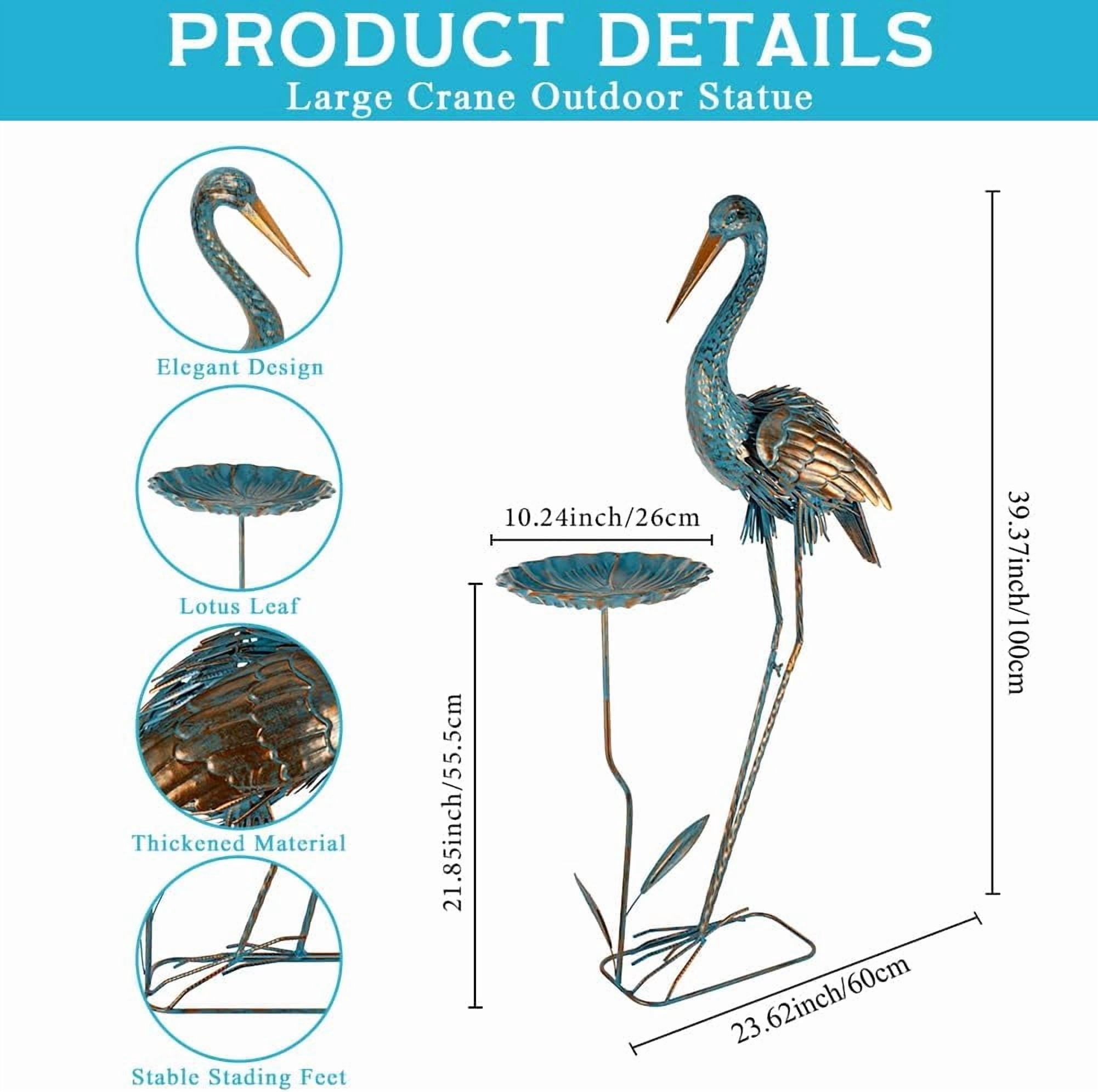 Metal Crane Garden Statue for Outside, Large Heron Outdoor Statues with Leaf Tray, Elegant Crane Yard Art Garden Decor for Garden Yard, Porch